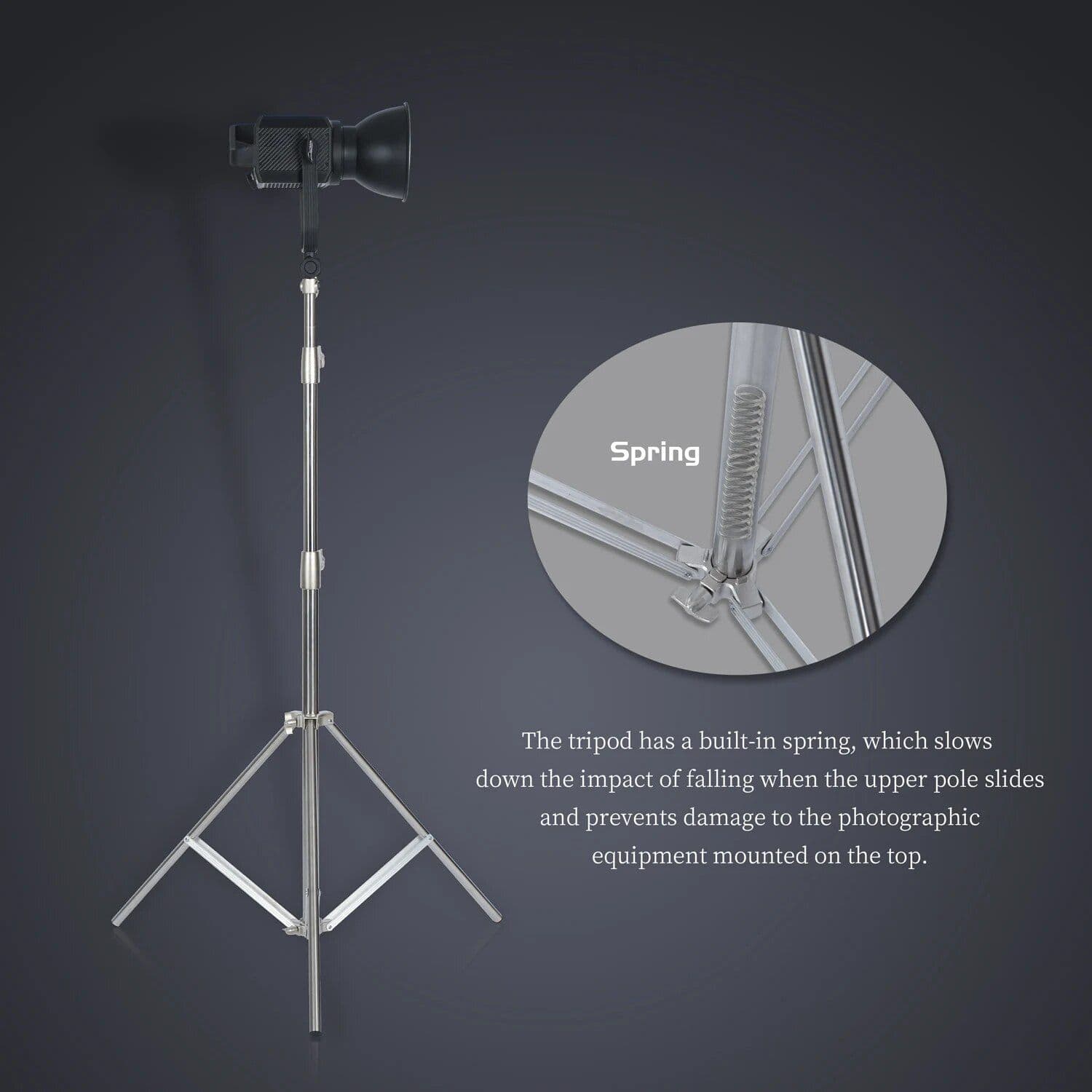 Adjustable tripod with built-in spring, designed to absorb impact and protect photographic equipment during setups. Ideal for professional and studio use, ensuring stability and safety for cameras and lighting gear.