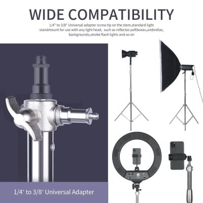 High-quality universal adapter screw tip compatible with softboxes, reflectors, umbrella backgrounds, strobe flash lights, and more, perfect for professional photography and videography setups.