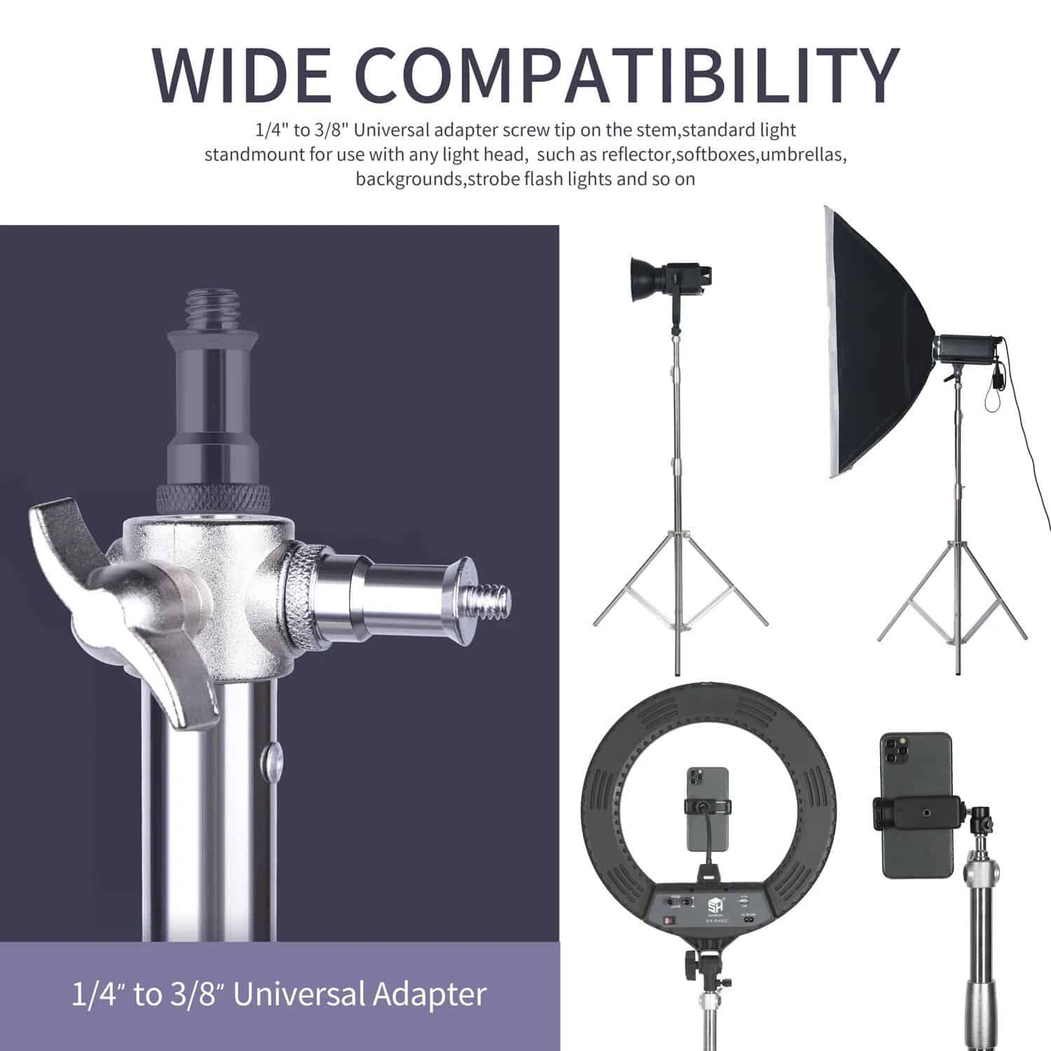 High-quality universal adapter screw tip compatible with softboxes, reflectors, umbrella backgrounds, strobe flash lights, and more, perfect for professional photography and videography setups.