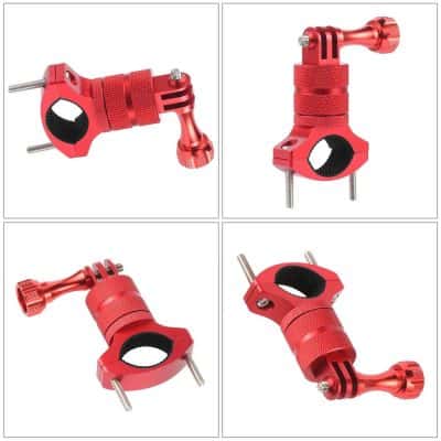 Adjustable red camera mounting clamp with quick-release mechanism for secure attachment to tripods and rigs. High-quality aluminum construction for stability and durability.