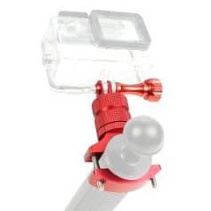 Durable, adjustable water sports camera mount compatible with action cameras, featuring a secure red aluminum connector and white suction cup for stable underwater and water activities.