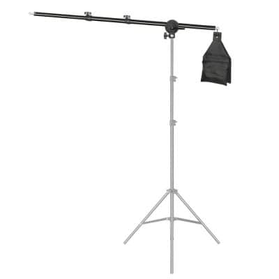 Adjustable photography lighting stand with boom arm, supporting professional lighting setups, studio lamps, and accessories for optimal photo and video production.