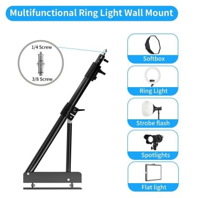 Adjustable multifunctional ring light wall mount for professional photography and makeup. Compatible with softbox, ring light, strobe flash, and spotlights for versatile lighting setups.