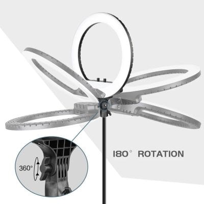 Ultra-bright LED ring light for professional or personal makeup, photography, and video calls. Adjustable 180° rotation for perfect lighting angles. Suitable for beauty salons, studios, and online content creators.
