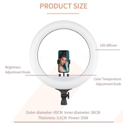 High-quality LED ring light for photography, videos, and beauty tutorials. Adjustable brightness and color temperature, perfect for professional or casual use in makeup and skincare routines.