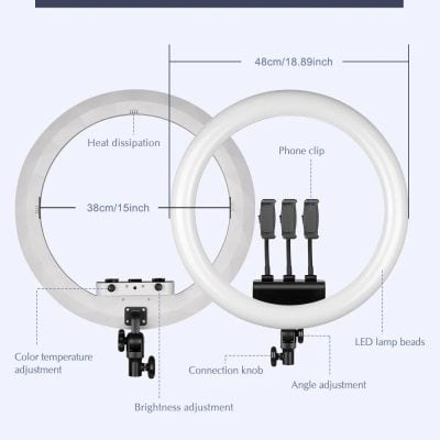 High-quality LED ring light with adjustable brightness, color temperature, and angle for professional photography and beauty treatments. Includes phone clip and durable stand.