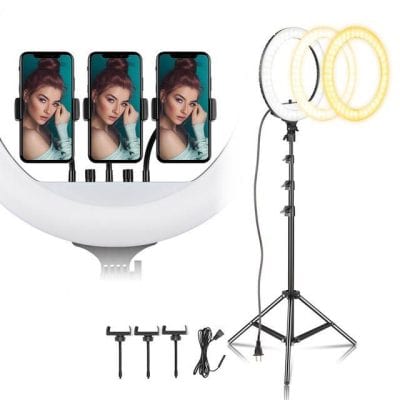 High-quality professional LED ring light with tripod stand for beauty, makeup, and photography. Includes smartphone holders for flawless selfies and videos. Enhance your beauty routines with ideal lighting.