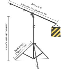 Adjustable photography lighting stand with boom arm, tripod base, and weighted bag for studio and professional photo shoots. Durable and portable for photographers and videographers.
