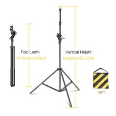 Adjustable photography & studio lighting stand for professional use. Features 116cm fold length, 400cm maximum height, sturdy tripod base, ideal for photo shoots and studio setups.