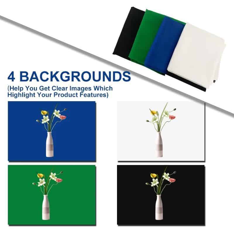 Versatile image backgrounds for opt product photos, featuring customizable options in blue, white, green, and black to highlight products clearly and attractively.