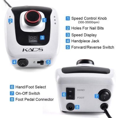 High-Performance electric nail drill with adjustable speed, nail bit holes, and handpiece jack for professional or home nail care. Ideal for manicures, pedicures, and nail art.