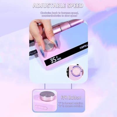 Close-up of a handheld laser device placed on a digital skincare instrument displaying 35°F, with adjustable speed controls and F/R button for rotation settings in a beauty clinic setting.