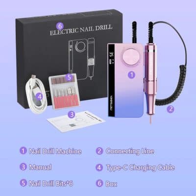 Nail drill machine with connecting line, charging cable, manual, nail drill bits, and storage box - perfect for professional and DIY manicures and pedicures.