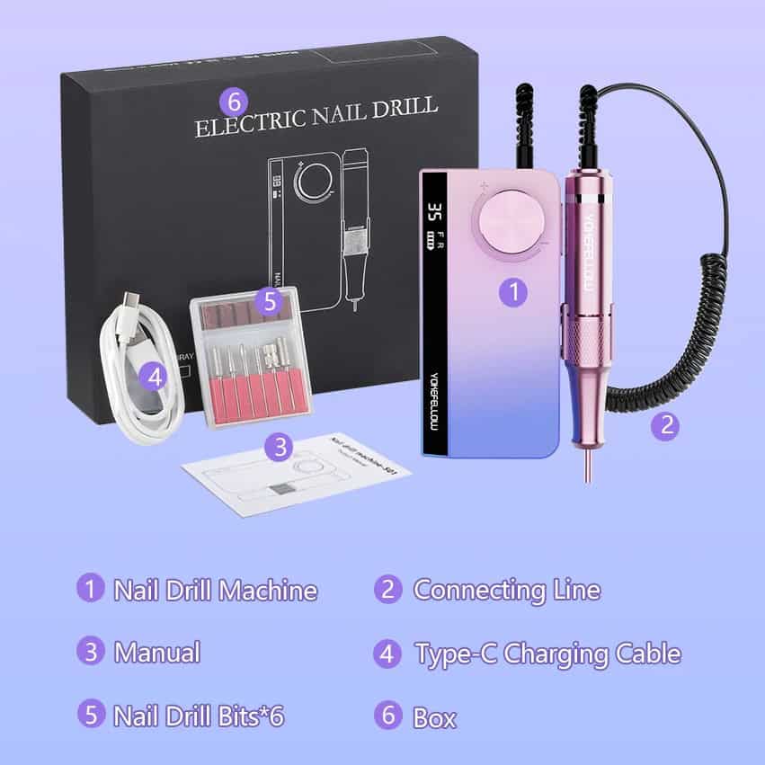 Nail drill machine with connecting line, charging cable, manual, nail drill bits, and storage box - perfect for professional and DIY manicures and pedicures.