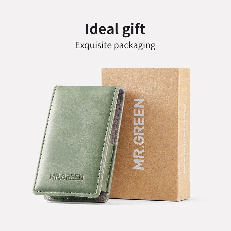 Luxurious green wallet with "MR. GREEN" embossed, accompanied by a matching box, ideal for customers seeking unique, high-quality accessories from Monalisa Medical.