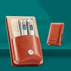 Stylish leather glasses case with tools for eye care and optometry needs, perfect for professionals and customers.
