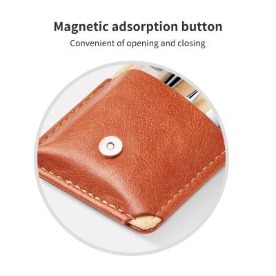 Close-up of a brown leather wallet with magnetic button closure, highlighting convenience and quality for everyday use and luxury accessory needs.