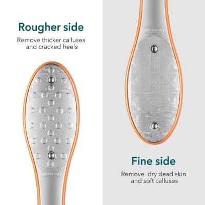 Advanced foot file for callus removal and cracked heels, with rough and fine sides for exfoliation and smoothing skin. Perfect for achieving silky smooth, healthy feet.