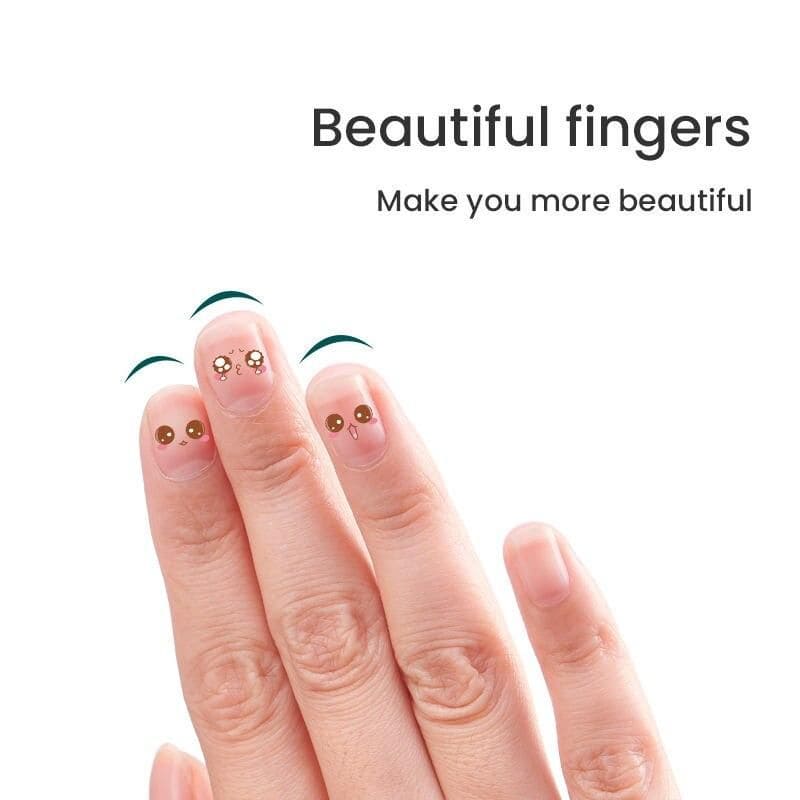 Cute nail art with charming face designs on fingers, ideal for beauty and cosmetic enhancements.