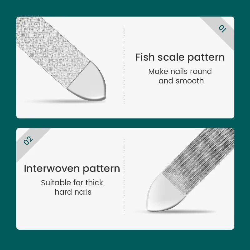 Detailed images showing fish scale and interwoven nail patterns for professional manicures and durable nail designs.