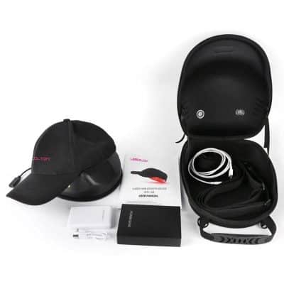 Laser hair growth cap with accessories for scalp treatment, portable design, and user manual. Ideal for promoting hair regrowth using laser technology, perfect for home use.