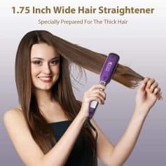 Beautiful woman with straight, lustrous hair using a professional hair straightener, showcasing the store's premium hair care products.
