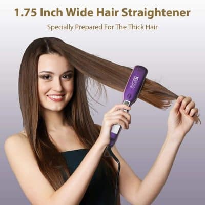 Beautiful woman with straight, lustrous hair using a professional hair straightener, showcasing the store's premium hair care products.