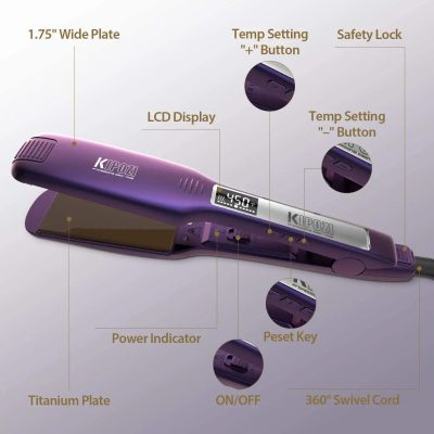 High-tech hair straightener featuring LCD screen, titanium plates, adjustable temperature, and safety lock for salon-quality hair styling.