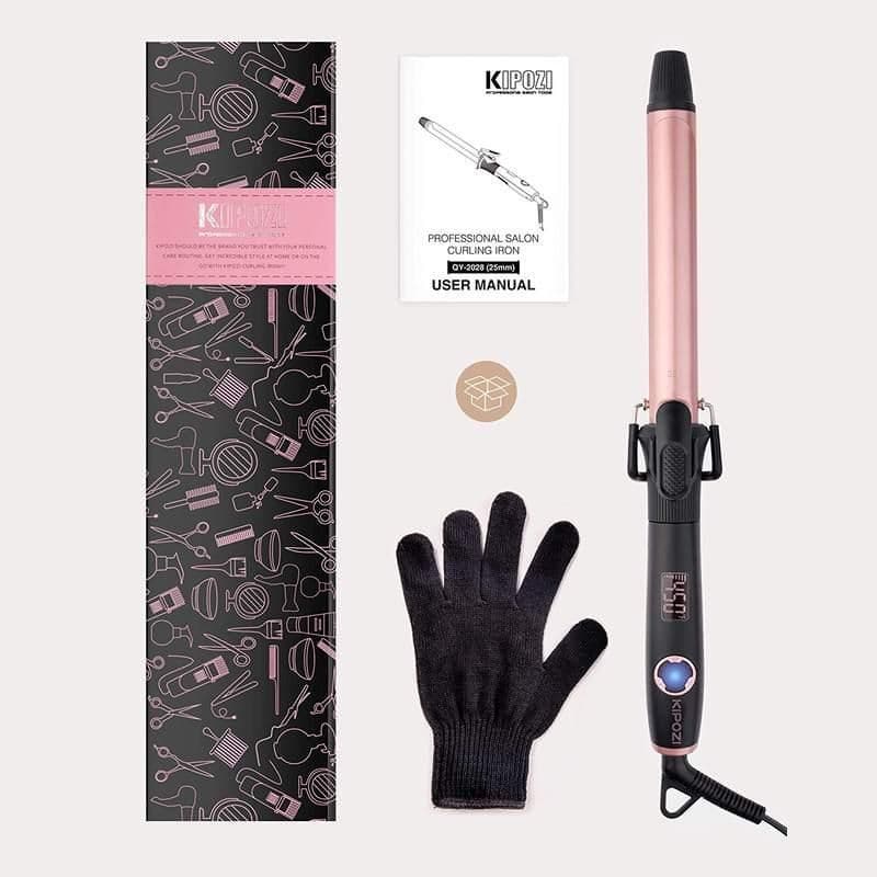 Professional salon curling iron for hair styling, easy to use, with user manual, black glove, and stylish packaging. Perfect for beauty salons and personal use.