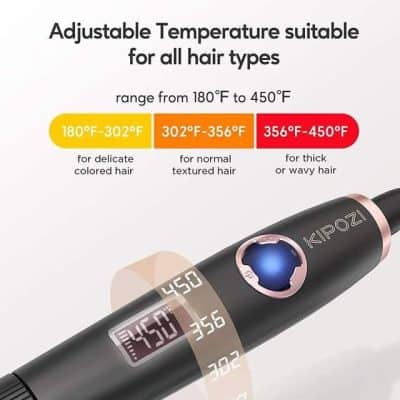 Adjustable hair straightener with LCD digital display, suitable for all hair types and textures, featuring temperature control from 180°F to 450°F. Perfect for achieving styled, sleek, and smooth hair.