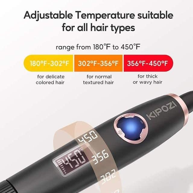 Adjustable hair straightener with LCD digital display, suitable for all hair types and textures, featuring temperature control from 180°F to 450°F. Perfect for achieving styled, sleek, and smooth hair.