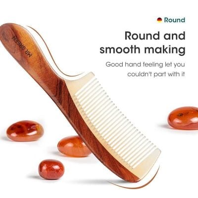Close-up image of a wooden hair comb with fine teeth, highlighting its smooth, rounded design perfect for gentle hair detangling.
