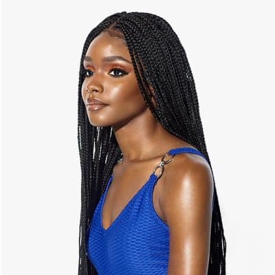 Beautiful young woman with stylish braided hair, showcasing modern eye accessories and fashionable look for optical store.