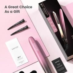 Stylish pink and black R7 professional hair curler from Kipozi, ideal for salon-quality styling and gifting, with accompanying accessories and user manual for optimal results.