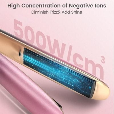 Close-up of a pink and gold high-voltage hair straightener with digital display, promoting professional hair styling tools available at Monalisa Store for salon-quality results.