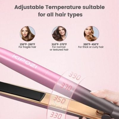 Adjustable temperature hair straightener suitable for all hair types and textures. Features temperature settings at 250°F-290°F for fragile hair, 310°F-370°F for normal or textured hair, and 390°F-450°F for thick or curly hair.