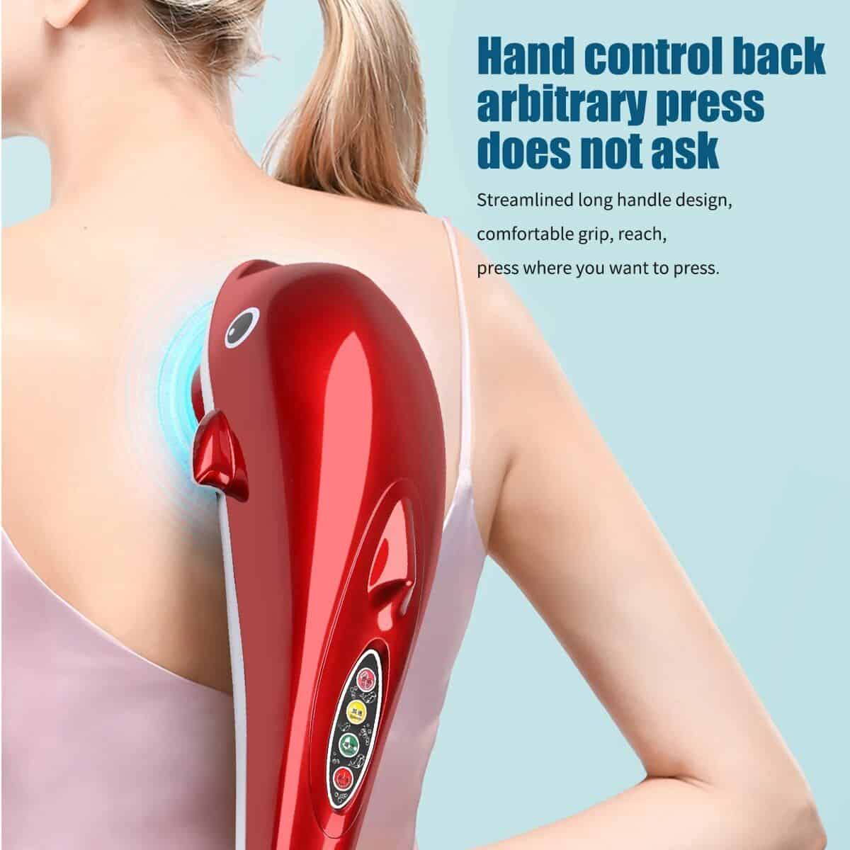 Optical: Image of a shoulder with a red, shark-shaped handheld massager highlighting its ergonomic design and user-friendly controls.