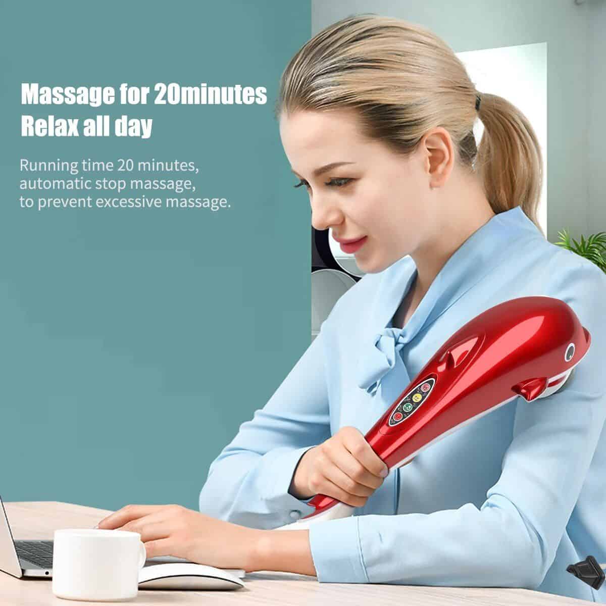 Woman receiving professional massage with modern massage device at Monalisa Store, promoting relaxation, health, and wellness services using the latest massage technology.