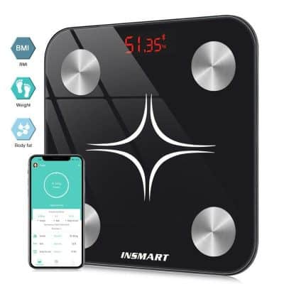 Smart digital body weight scale with Bluetooth connectivity, BMI, body fat, and weight measurement for health monitoring accuracy.
