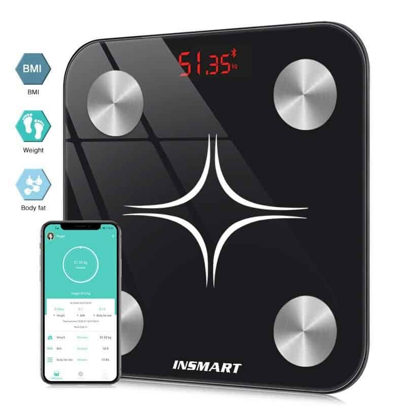 Smart digital body weight scale with Bluetooth connectivity, BMI, body fat, and weight measurement for health monitoring accuracy.