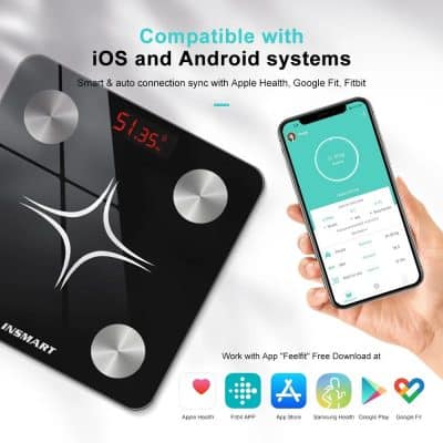 Wireless fitness scale compatible with Apple Health, Google Fit, Fitbit with app integration, weight tracking, body composition analysis, and health monitoring.