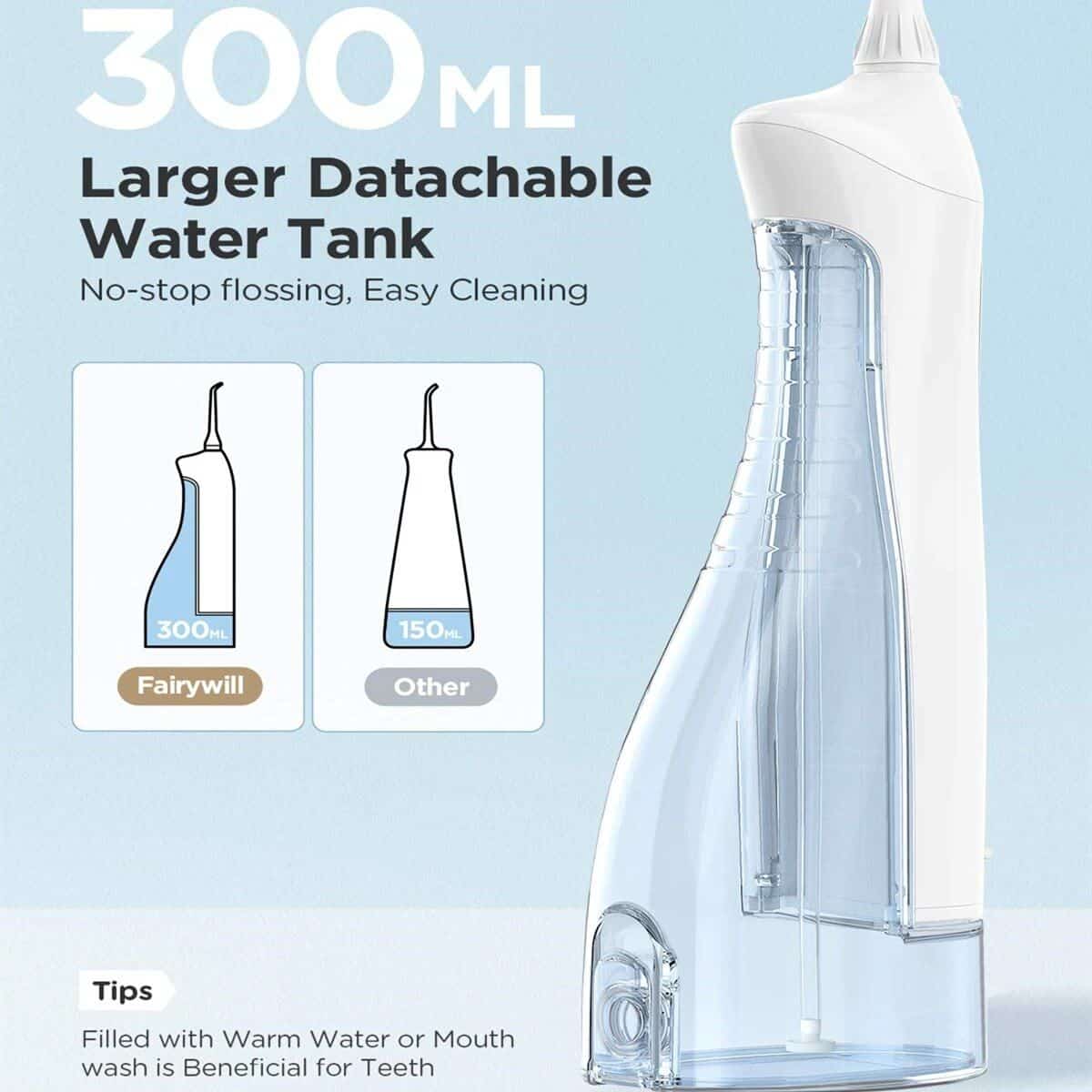 Enhanced oral hygiene with the Monalisa Water Flosser, featuring a 300ml large water tank for efficient teeth cleaning. Perfect for maintaining healthy teeth and gums at home.
