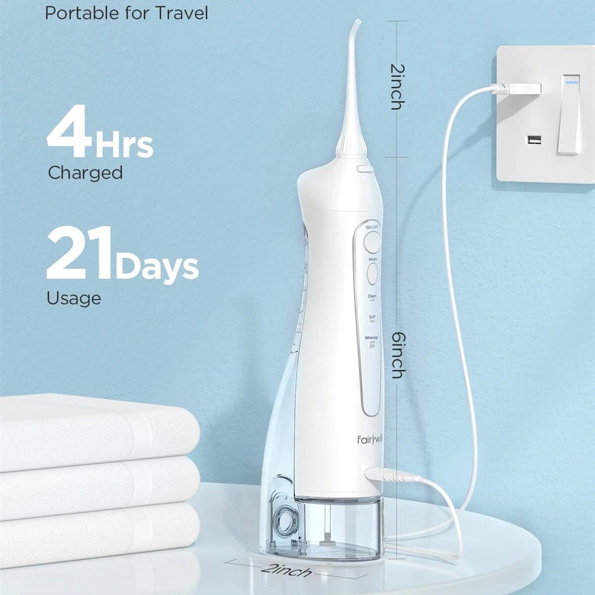 Electric dental water flosser for oral hygiene, rechargeable, cordless, travel-friendly, with 4-hour charge, 21-day usage, ideal for dental care and teeth cleaning.