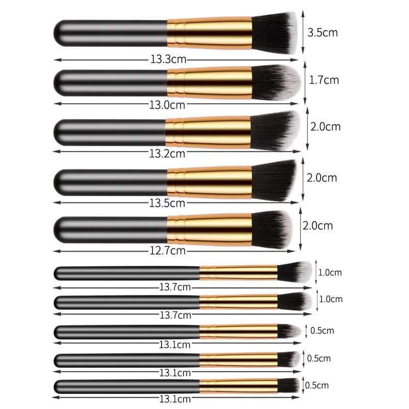 Makeup brushes from Monalisa Store for professional beauty and cosmetics application, featuring various sizes, high-quality bristles, and elegant gold and black handles for flawless makeup application.