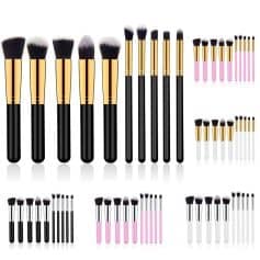 High-quality makeup brushes for professional and everyday beauty use, includes eyeshadow, foundation, blush, concealer, and blending brushes, with sleek black, pink, and white handles.