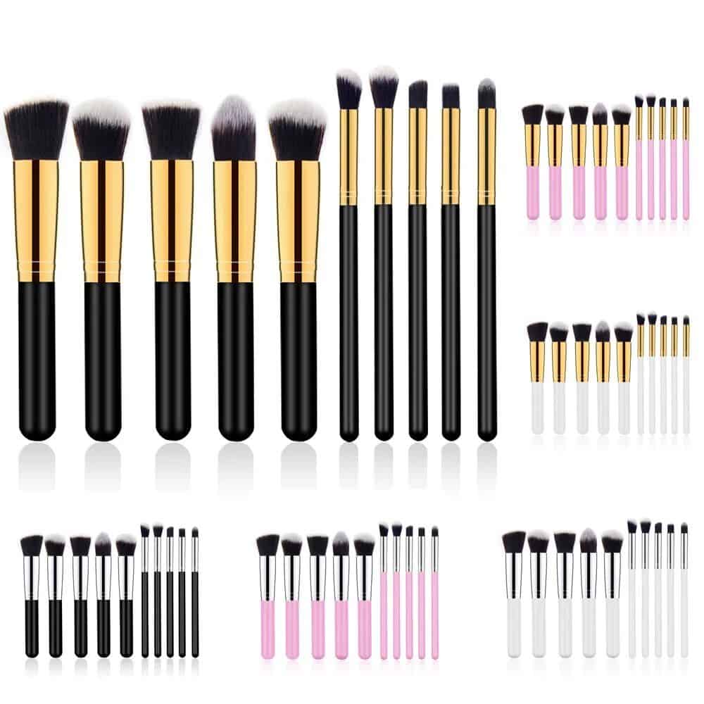 High-quality makeup brushes for professional and everyday beauty use, includes eyeshadow, foundation, blush, concealer, and blending brushes, with sleek black, pink, and white handles.