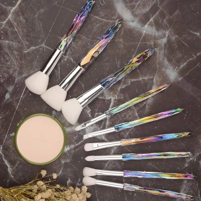 Vibrant, iridescent handle makeup brush set with soft bristles for face, eyes, and details.