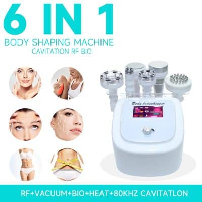 6-in-1 body shaping machine with RF, vacuum, bio, heat, and cavitation technology for effective body contouring and fat loss.