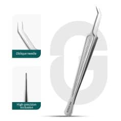 Optical precision eyelid tweezer for eye care and eyelid procedures, featuring oblique needle tip and high-precision occlusion for accurate, safe, and effective eyelid treatment.