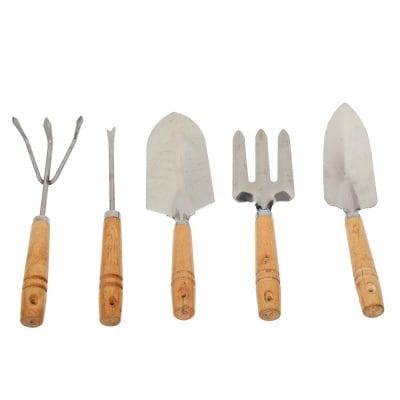 A set of four garden tools with wooden handles, including a hand rake, trowel, cultivator, and transplanter, ideal for gardening, planting, and soil maintenance.